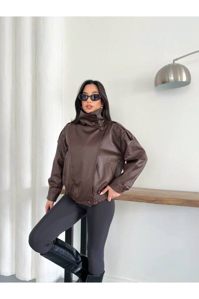 D'RECCY Women's Cross-Collar Double-Breasted Cut-Out Bomber Faux Leather Jacket