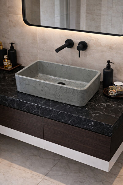 Taş Atölyesi Mermer Desenli Tezgah Üstü Çiftlik Model Taş Lavabo 60 x 40 cm