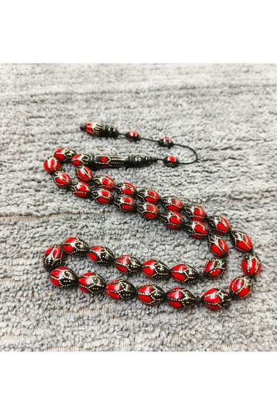 İnan Tesbih Silver and Red Enamel Embellished Barley Cut Kuka Prayer Beads