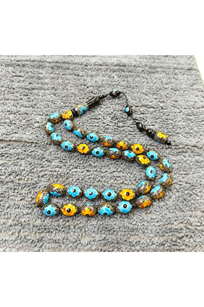 İnan Tesbih Silver, Amber and Enamel Inlaid Barley Cut Large Size Kuka Prayer...