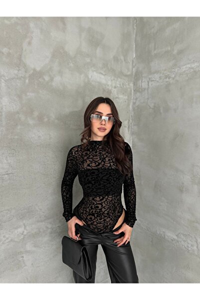 MERİKA ELEGANCE Kadife Dokulu Desenli Uzun Kollu Şık Body