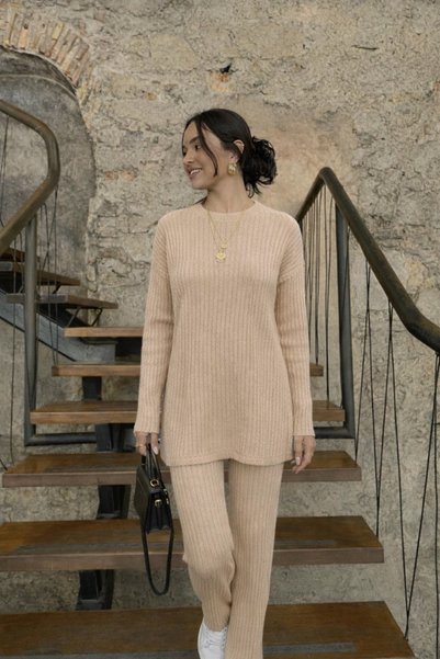 DELBİN Set pentru femei, top și pantaloni, cu guler înalt și fantă laterală