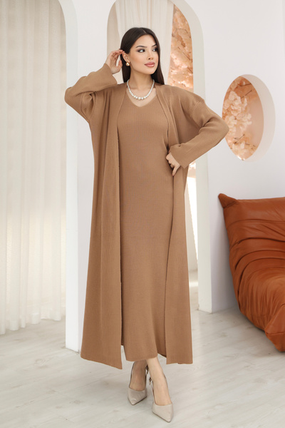 ALCHON V-Neck Thin Straps Ribbed Ankle-Length Dress U Shawl Collar Long Sleev...