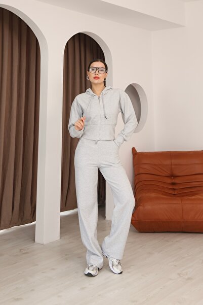 İgnites Gray Cardigan Elastic Waist Pants Double Thessaloniki Set