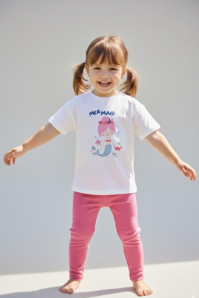Monila Kız Çocuk Pamuklu Deniz Kızı Baskılı T-Shirt ve Pembe Fitilli Tayt 2'l...