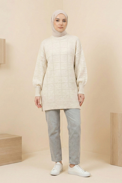 FERHEL Γυναικείο πουλόβερ τουνίκ με τετράγωνο σχέδιο από μαλακό πλεκτό ύφασμα...