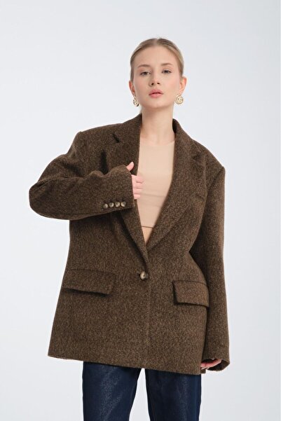 Özlem Yıldız Kahverengi Oversize Yün Karışımlı Kaşe Ceket - Maskülen Kesim Ka...
