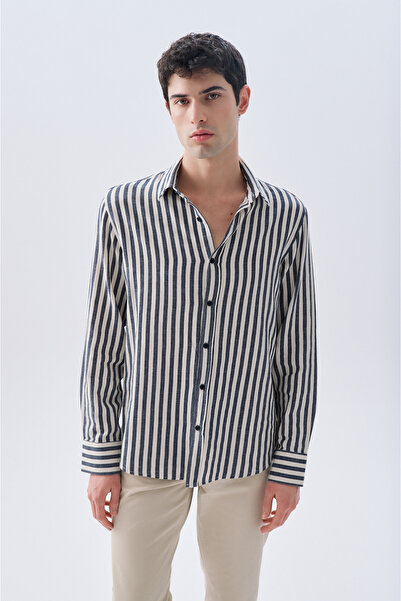 Mudo قميص مخطط بأكمام طويلة وقصة عادية