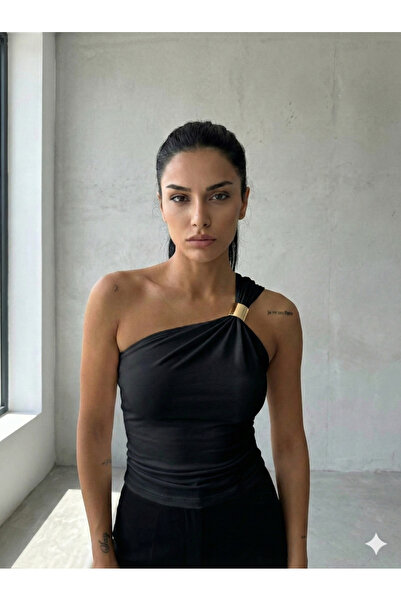 Cuyka بلوزة نسائية بكتف واحد وياقة غير متماثلة من قماش ساندي أنيق وعصري