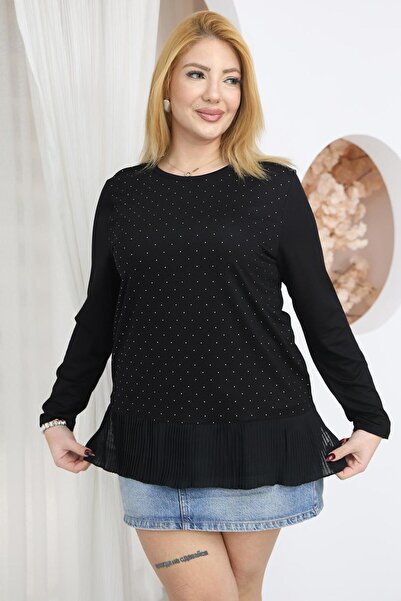 Siyezen Plus Size Pleated Skirt and Stoned Blouse