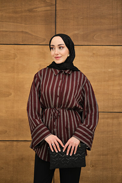 LOCCO Kadın Kalın Çizgili Desenli Bel Bağlamalı Şifon Gömlek Bordo