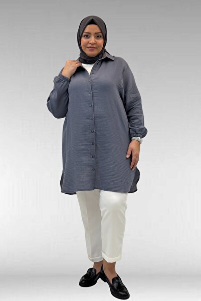 Eslina 58091 Plus Size Muslin Shirt with Elastic Sleeves - Anthracite
