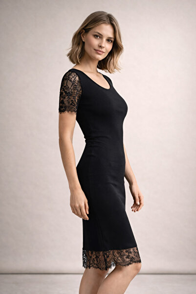 Sienza Black Camisole Dress with Lace Detail Midi Length Dress