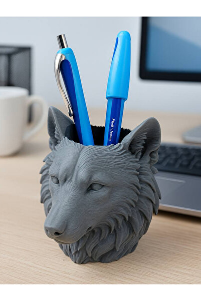 Lunera Accessories Gray Pen Holder with Wolf Figure – 3D Printed Desktop Deco...