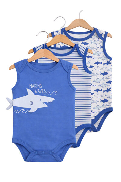 Victor and Jane Baby Boys Sleeveless Shark Print Bodysuits – Pack of 3