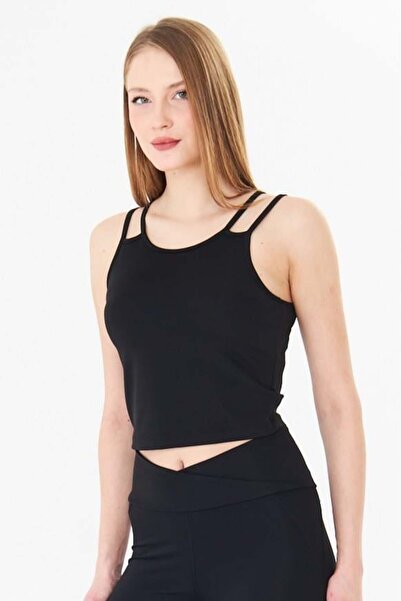 Sortie Women's Double Strap Gathering Crop Sports Tank Top Black