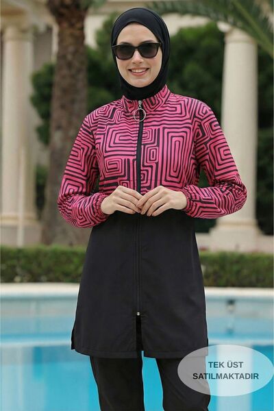 armonika Patterned Top, High Collar, Front Zipper, Elastic, Quick Drying, Bur...