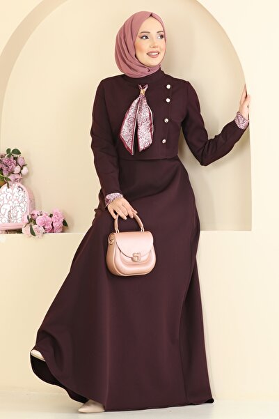 ModaMerve Fular Aksesuarlı Dabıl Elbise 2818SL432-MS Koyu Mürdüm