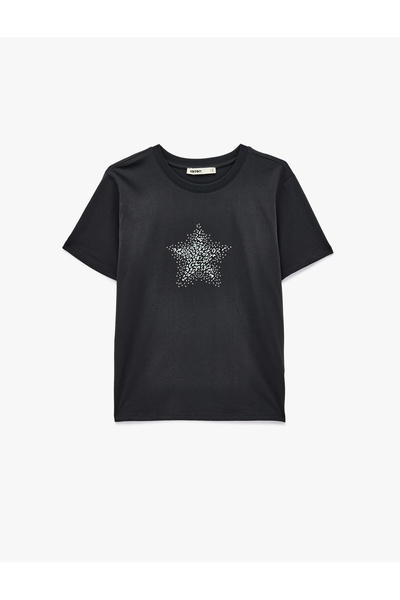 Koton Памучна тениска с къс ръкав и обло деколте с принт на каменна звезда