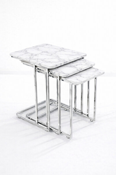 Riyes Tasarım C Zigon KROM Tekerlekli 3'lü Sehpa Seti – Metal Ayaklı – Modern...