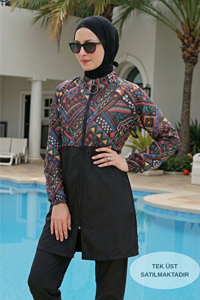 armonika Patterned Top, High Collar, Front Zipper, Elastic, Quick Drying, Bur...