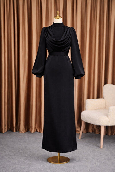 modasusev Elegant Draped Satin Long Hijab Evening Dress