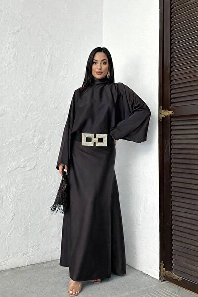 D'RECCY Rochie lungă din satin pentru femei, cu mâneci tip liliac și detalii ...