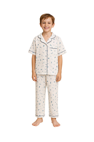 Victor and Jane Boys 100% Cotton Muslin Pyjama Set with Blue Geometric Print