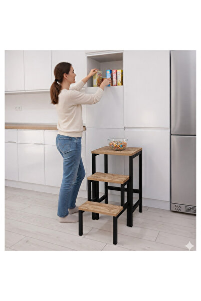 mefehe Siyah Katlanabillir Ahşap Basamaklı Çok Amaçlı Merdiven