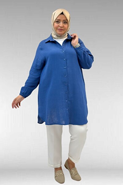 Eslina 58091 Plus Size Muslin Shirt with Elastic Sleeves - Indigo
