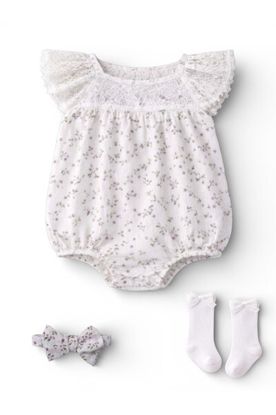 Victor and Jane Baby Girls’ 3-Piece Woven Romper Set – Lace Yoke Floral Bubbl...