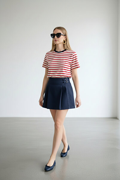 Vireo Club Women's Navy Blue Pleated Detailed Cotton Mini Skirt