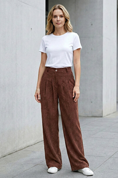 FERHEL Velvet Pants with Pockets and Wide Legs with Sequin Detail - Tile