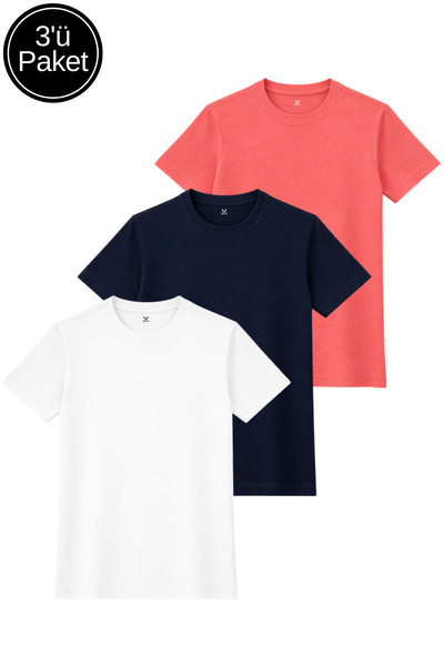 Rich Pachet de 3 tricouri pentru femei, albastru închis-alb-roz, cu textură m...