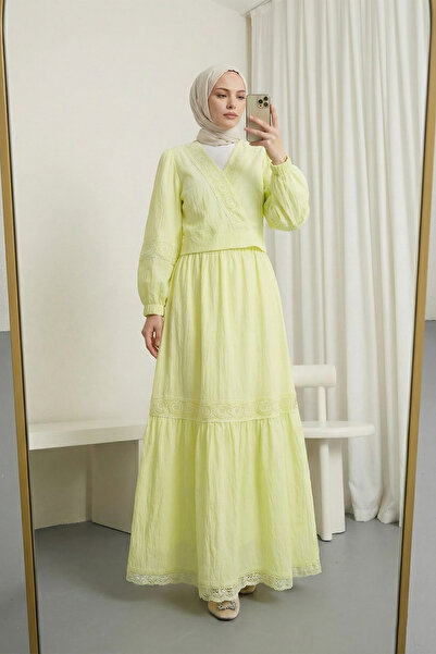 MODAQU Lace Detailed Crochet Blouse Skirt Set - Light Yellow