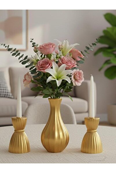 ESENOĞLU TİCARET DEKORATİF VAZO VE ŞAMDAN SETİ /METALİK ALTIN RENK