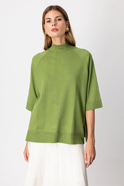 On Fashion Women's Buttoned Back Slit Fisherman Casual Olive Color Sweater 65310