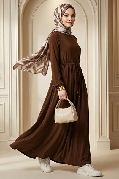 ModaMerve Bağcık Detaylı Sandy Elbise 1934ZNN894-M Kahve