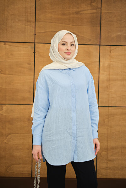 LOCCO Women's Crinkle Fabric Button Detail Shirt Baby Blue