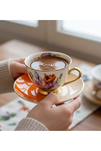 Trendmiya Purple Orange Floral Porcelain Coffee Cup