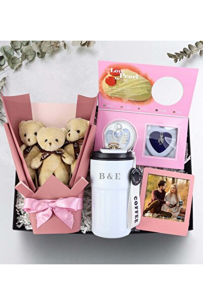 Trendmiya Ayıcık Buketi & Termos & Çerçeve & Kolye Sevgiliye Hediye Seti