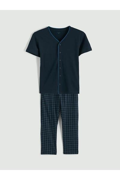 LC Waikiki Navy Blue Standard Fit Plaid Men's Pajama Set (S6)