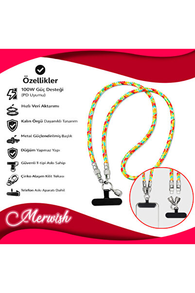 Merwish 100W PD Destekli 2si1 Arada Askılı Şarj Kablosu Type C Hızlı Şarj ve ...