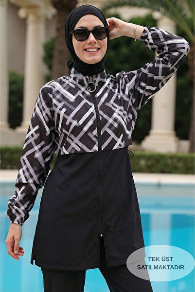 armonika Patterned Top, High Collar, Front Zipper, Elastic, Quick Drying, Bur...