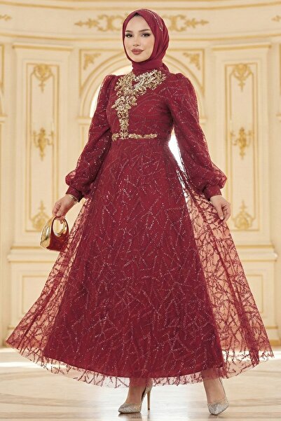 ModaMerve Pul Detaylı Tül Abiye 5738EDF311-MS Bordo