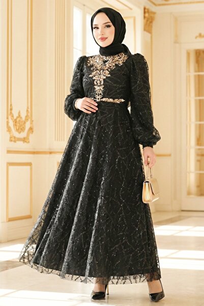ModaMerve Pul Detaylı Tül Abiye 5738EDF311-MS Siyah