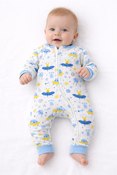 Crazy Baby Uzay Desenli Ribanalı Fermuarlı Bebek Tulumu