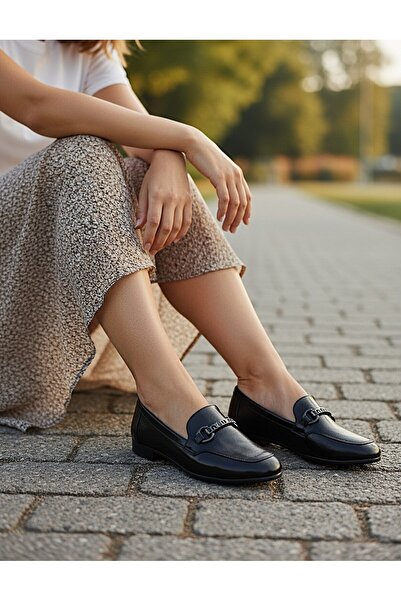 KAFKASLAR AYAKKABI Flat Sole New Model Cracked Shiny Loafer Model Women's Bal...