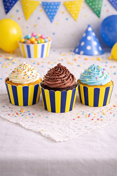 NEWPARİ Sarı Lacivert Temalı Cupcake & Muffin Kek Kalıbı Fırında Dağılmaz (25...