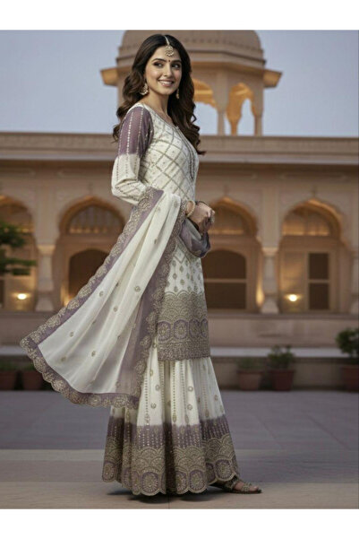 MYSMAR White & Lavander Georgette Top Plazzo & Dupatta - HRT7151 | White & La...
